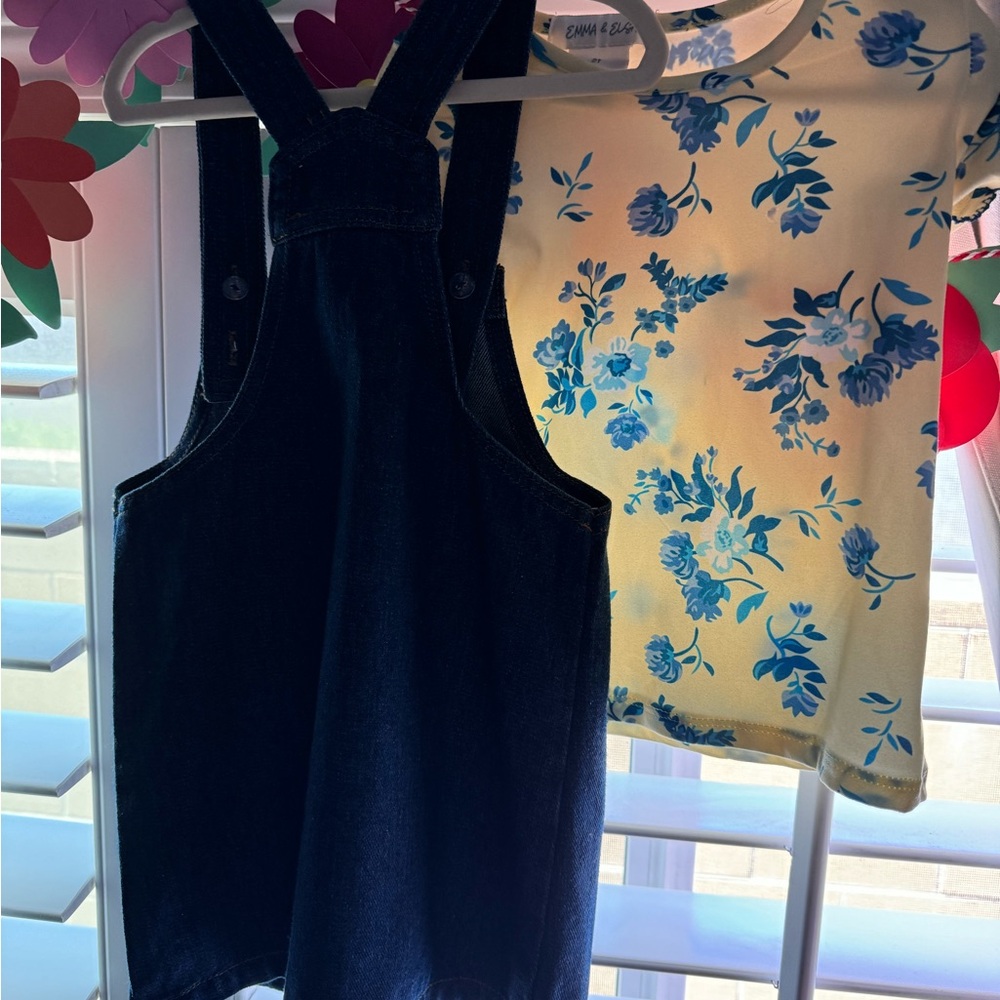 Jean dress skirt overall heart pockets yellow and blue flowers soft shirt